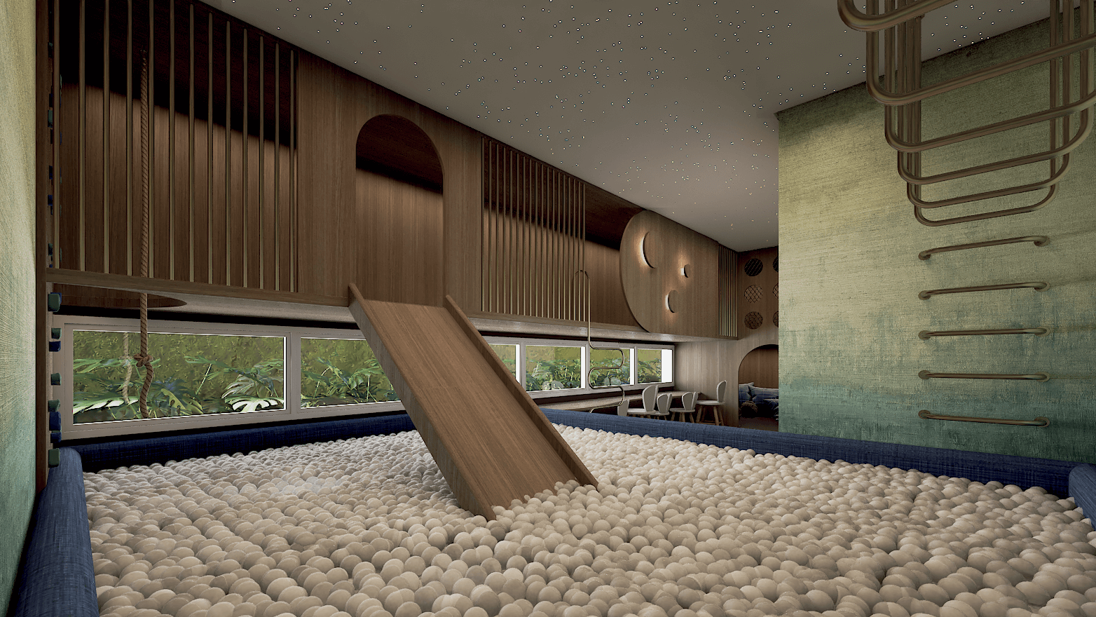 Quarto infantil onde o espao da cama foi planejado com luzes para representar o céu estrelado.